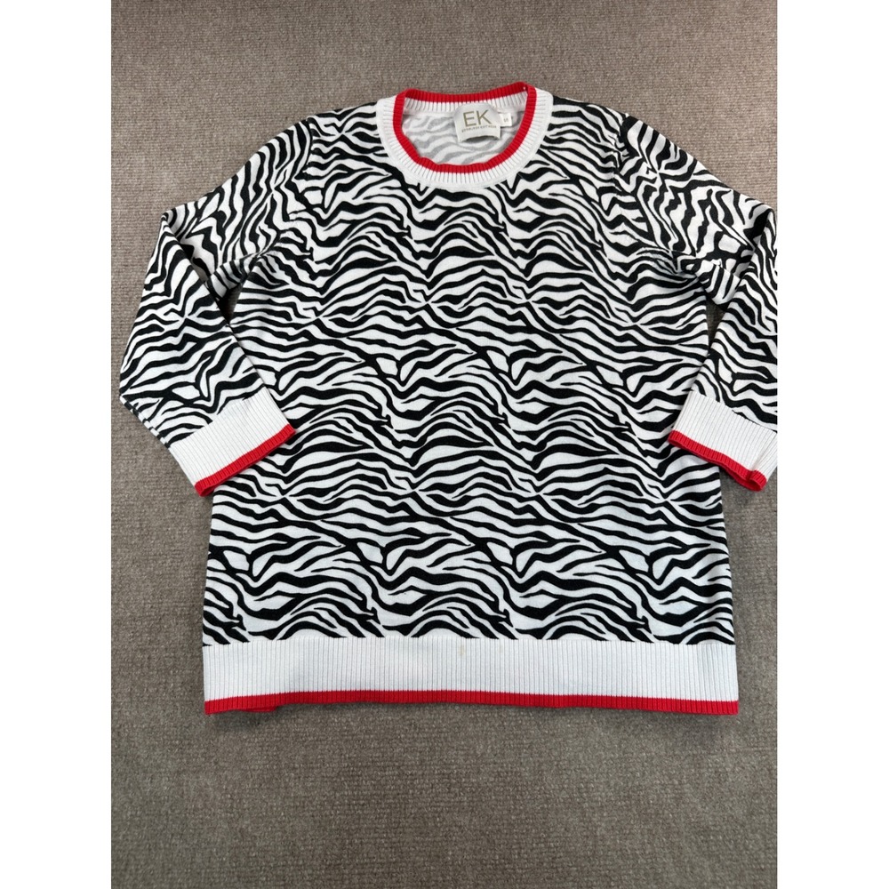 Edinburgh Knitwear Zebra Print Pima Cotton Sweater Red Trim Black White Small